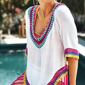 White cover up with rainbow crochet trim